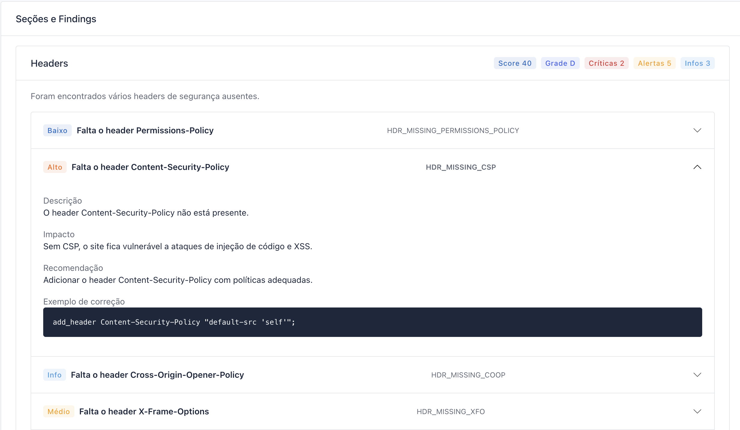 Exemplo de relatório Blueicon com achados de segurança e recomendações